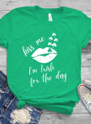 Women's St Patrick's day T-shirts Lip Letter Kiss Me I'm Irish for the day Print Short Sleeve Round Neck Daily T-shirt