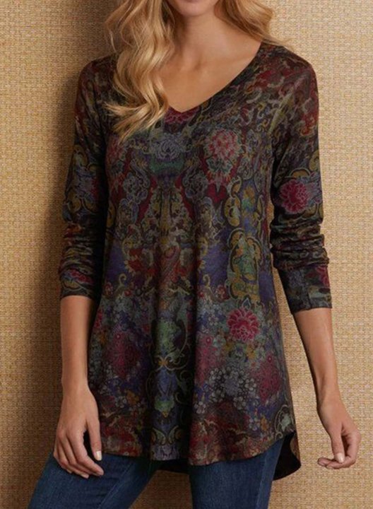 Women's Tunic Tops Floral Long Sleeve V Neck Daily Tunic Top