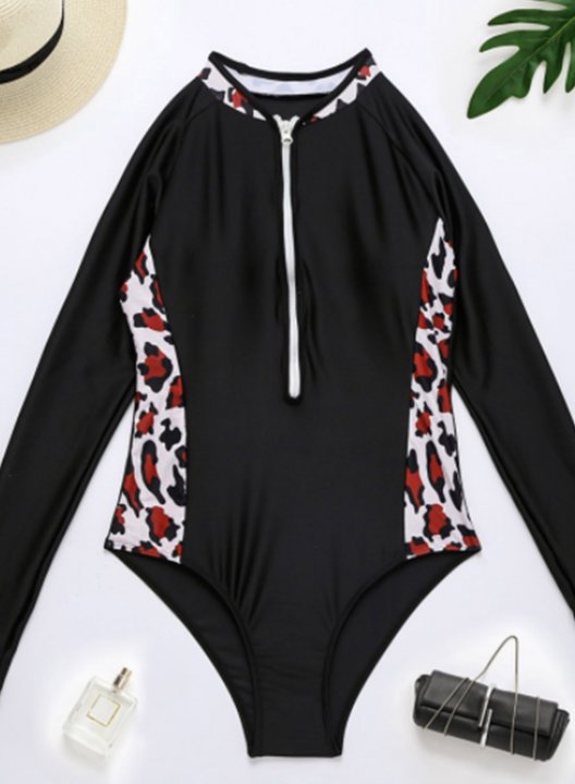 Women's One Piece Swimwear Leopard Color-block Long Sleeve V Neck One-Piece Swimsuit