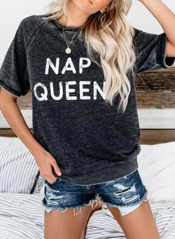 Women's Nap Queen T-shirts Figure Letter Color Block Short Sleeve Round Neck Casual T-shirt