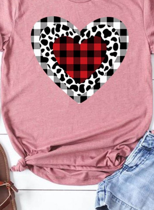 Women's T-Shirt Casual Plaid Leopard Heart-shaped Solid Round Neck Short Sleeve Daily T-shirts