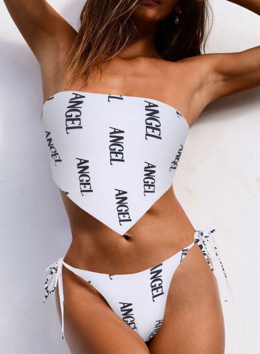 Women's Bikinis Knot Color Block Letter Low Rise Sleeveless Off Shoulder Adjustable Wire-free Beach Bikini Sets