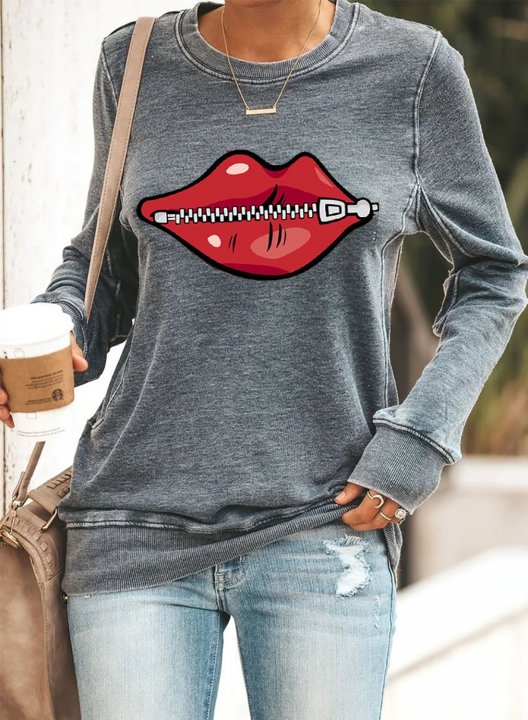 Solid Lips Print Long Sleeve Round Neck Sweatshirt