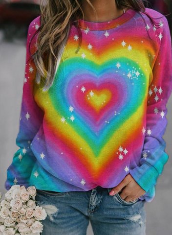 Women's Sweatshirts Color-block Heart-shaped Print Long Sleeve Round Neck Sweatshirt
