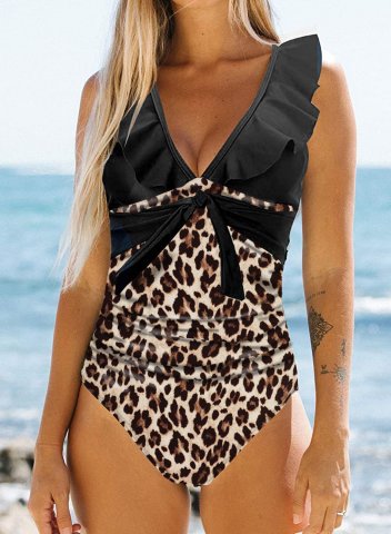 Women's One-Piece Swimsuits One-Piece Bathing Suits Leopard Ruffle V Neck Swimsuits