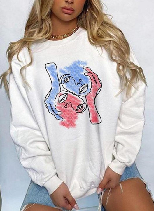 Women's Fashion Graphic Sweatshirts Color Block Portrait Print Long Sleeve Round Neck Casual Sweatshirt