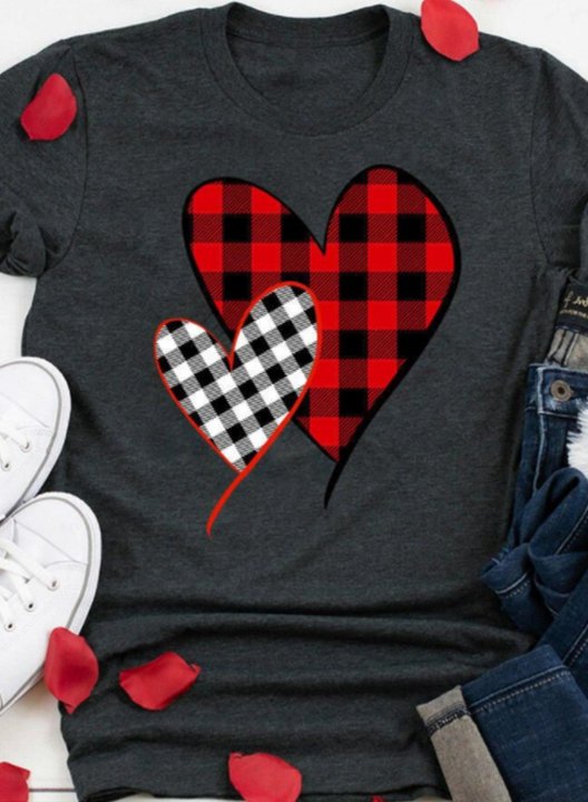 Women's T-Shirt Heart T-shirts Casual Plaid Solid Round Neck Short Sleeve Daily Shirts