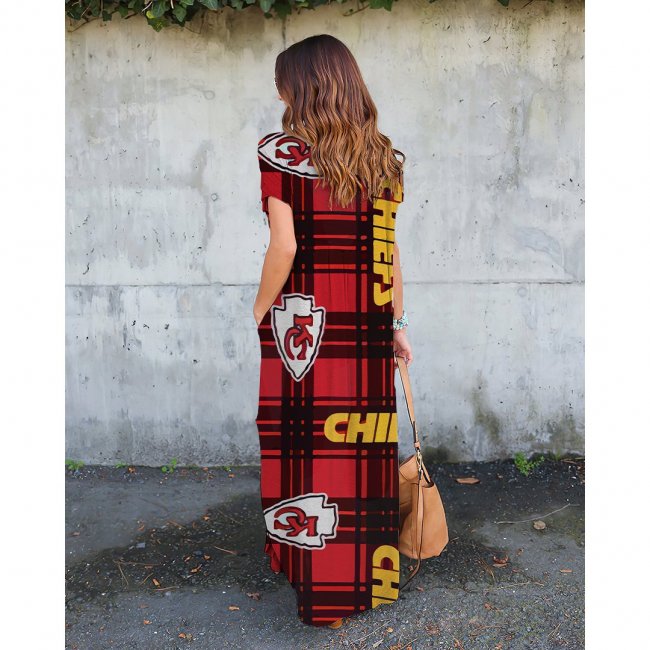 V-neck Kansas City Chiefs Print Short Sleeve Loose Long Dress