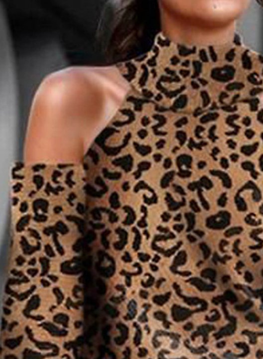 Women's T-shirts Leopard Long Sleeve High Neck Cold Shoulder Daily T-shirt