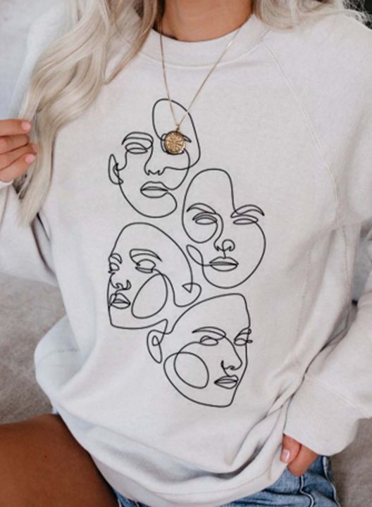 Women's Sweatshirt Casual Solid Abstract Face Print Round Neck Long Sleeve Daily Pullovers