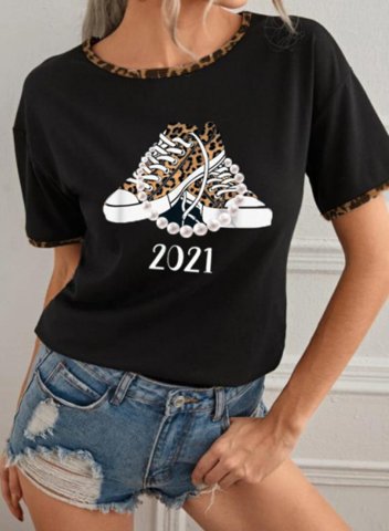 Women's T-shirts Letter Leopard Round Neck Short Sleeve Summer Casual Daily T-shirts