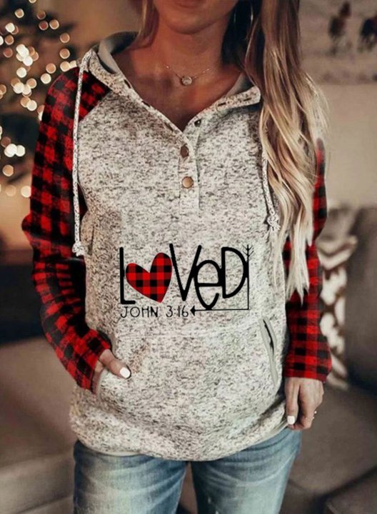 Women's Loved John 3:16 Print Hoodies Plaid Letter Print Long Sleeve Button Pocket Drawstring Casual Hoodie