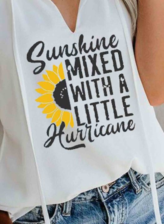 Women's T-shirts Letter Sun Ruffle Knot V Neck Short Sleeve Vintage Daily T-shirts