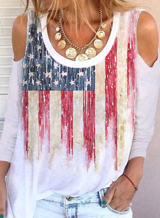 Women's T-shirts American Flag Striped Off-shoulder U Neck Long Sleeve Casual Daily T-shirts