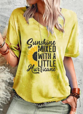 Women's T-shirts Letter Floral V Neck Short Sleeve Summer Daily Casual T-shirts