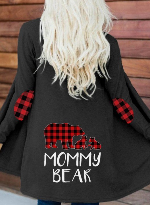 Woman Mommy Bear Print Cardigan Plaid Daily V Neck Cardigan