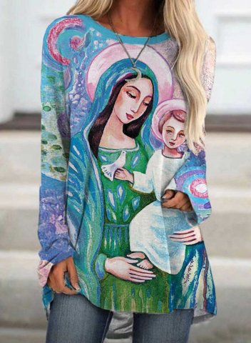 Women's Pullovers Color Block Virgin&Child Long Sleeve Round Neck Casual Pullover