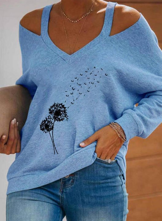 Women's Dandelion Sweatshirts V Neck Cold Shoulder Long Sleeve Dandelion Solid Sweatshirts