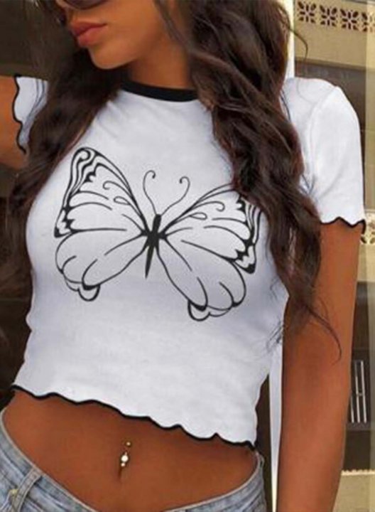 Women's T-shirts Butterfly Print Short Sleeve Round Neck Daily Cropped T-shirt