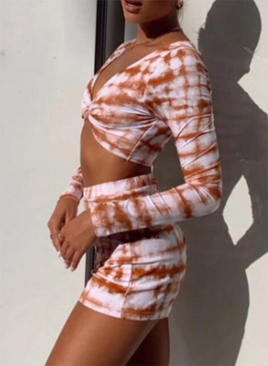 Women's Swimsuits Color Block Striped Tiedye Long Sleeve Twisted V Neck Vacation Padded Swimsuit