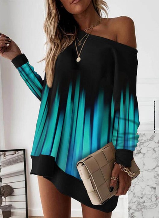 Women's Mini Dresses Fashion Color Block Long Sleeve Shift One-shoulder Dress