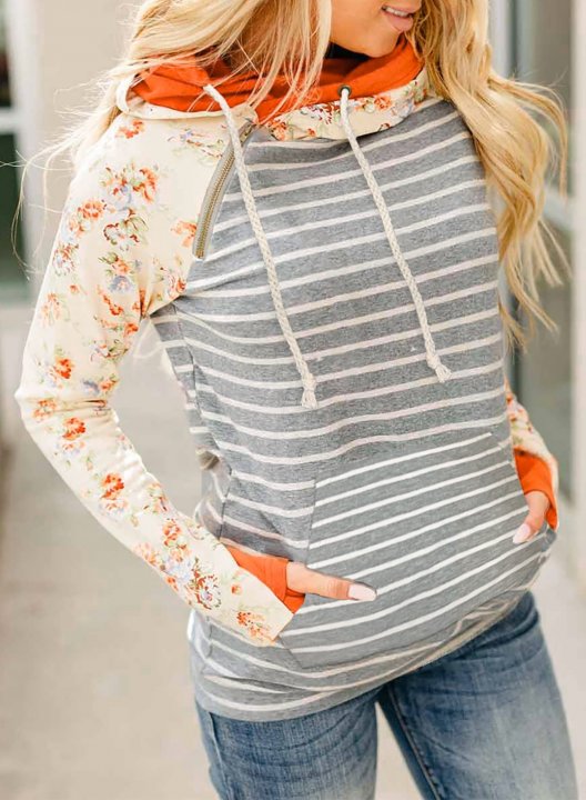 Orange Floral Print Casual Hoodie