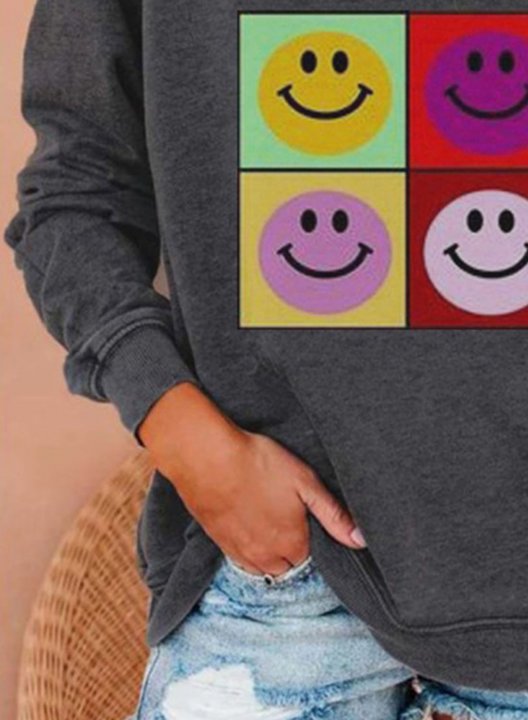 Women's Sweatshirts Funny Smiley Face Print Long Sleeve Round Neck Casual Sweatshirt