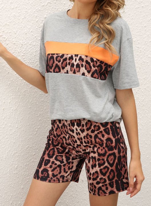 Women's Loungewear Sets Leopard Short Sleeve Round Neck Pencil Short Casual Summer Loungewear Sets