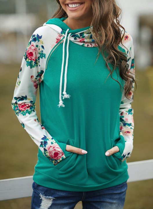 Women's Cowl Neck Hooded Floral Pocketed Sweatshirt