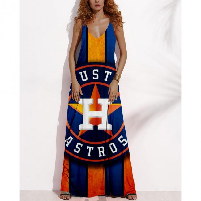 Women's Summer HOUSTON ASTROS Fan Print V-neck Sleeveless Loose Long A-line Dress