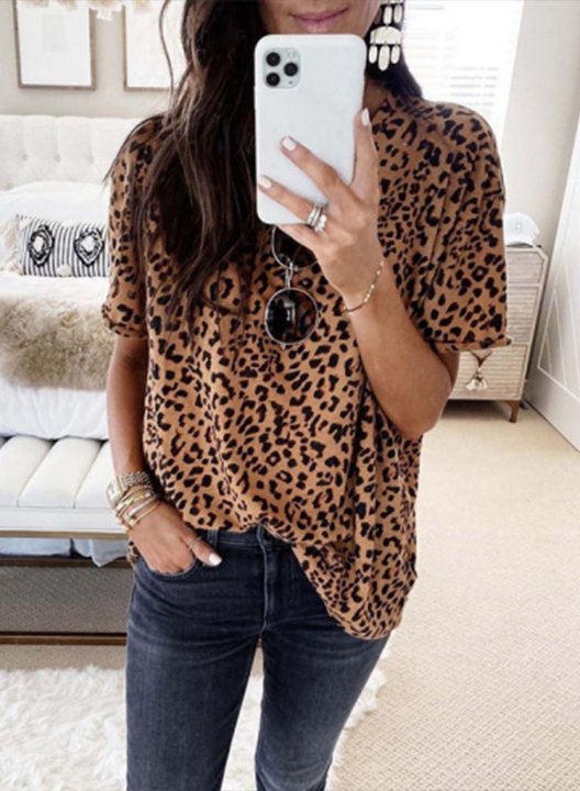 Women's T-shirts Leopard Round Neck Short Sleeve Daily Casual T-shirts