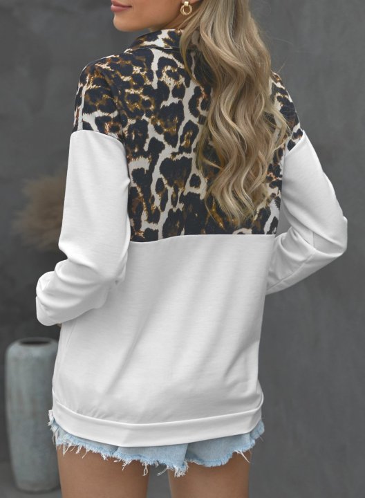 Color Block Leopard Long Sleeve Stand Neck Half Zip Sweatshirt