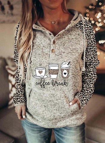 Women's Hoodies Leopard Drawstring Button Long Sleeve Solid Pocket Casual Hoodies