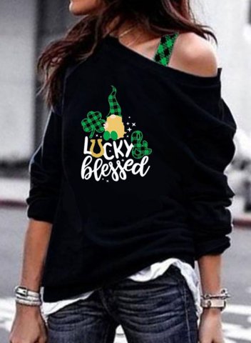 Women's St Patrick's Day Gnome Sweatshirts Festival Lucky Blessed One Shoulder Long Sleeve Spring Basic Daily Sweatshirts