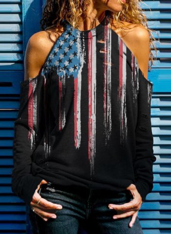 Women's American Flag T-Shirt Cold Shoulder Tops
