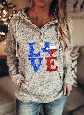 Women's Hoodies Letter Texas Flag Love Print Long Sleeve Daily Pocket Texas independence day Hoodie