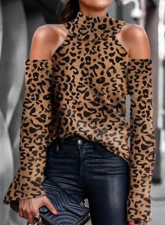 Women's T-shirts Leopard Long Sleeve High Neck Cold Shoulder Daily T-shirt