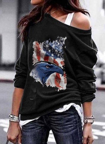 Women's Sweatshirts Animal American Flag Print One-shoulder Long Sleeve Sweatshirt