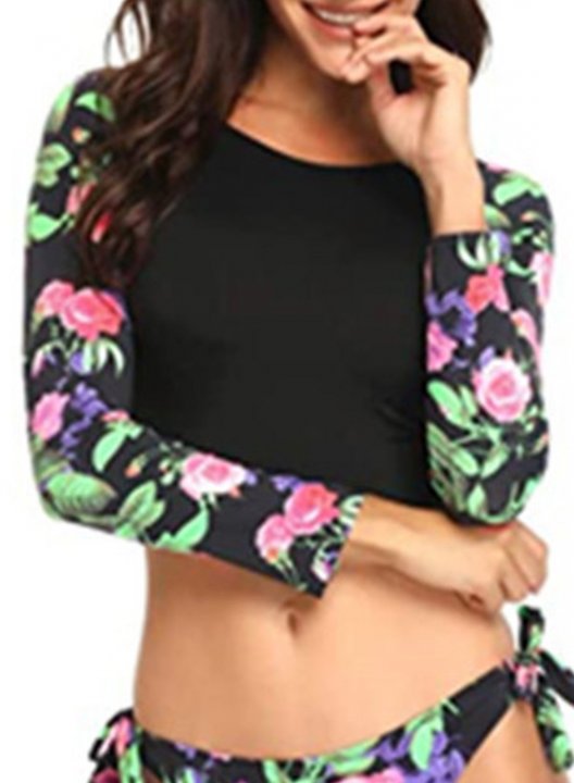Women's Bikinis Floral Fruits & Plants Color Block Low Rise Long Sleeve Round Neck Adjustable Open-back Bikini Sets