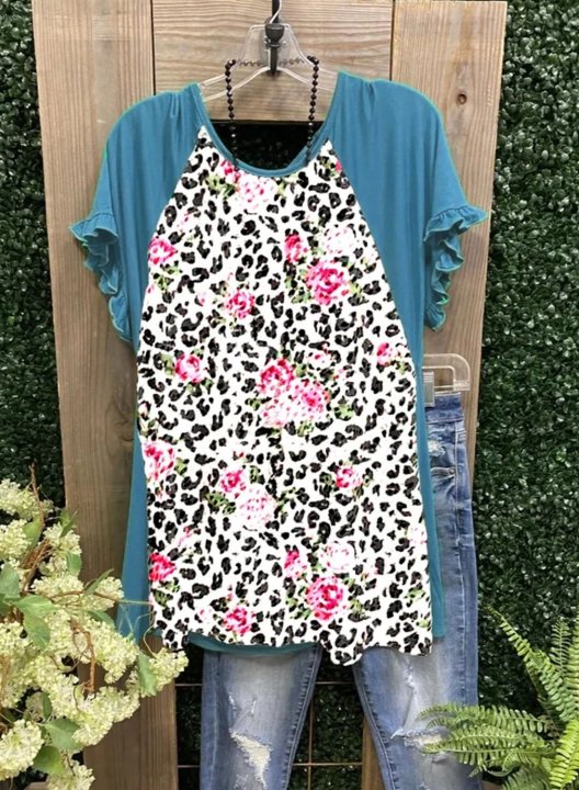 Women's Blouses Color Block Leopard Floral Short Sleeve Round Neck Blouse