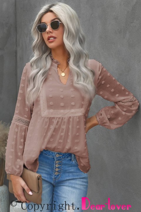 Ruffled Split Neck Lace Hollow Out Puff Sleeve Polka Dot Blouse