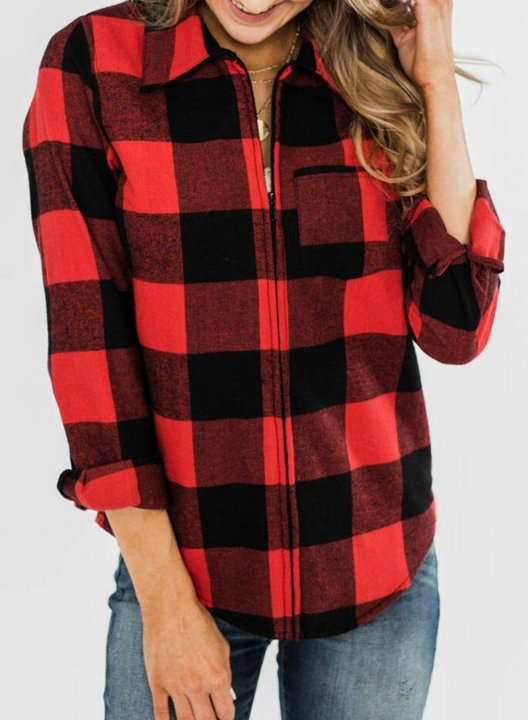 Women's Red Plaid Coats Long Sleeve Turn Down Collar Zipper Casual Coat