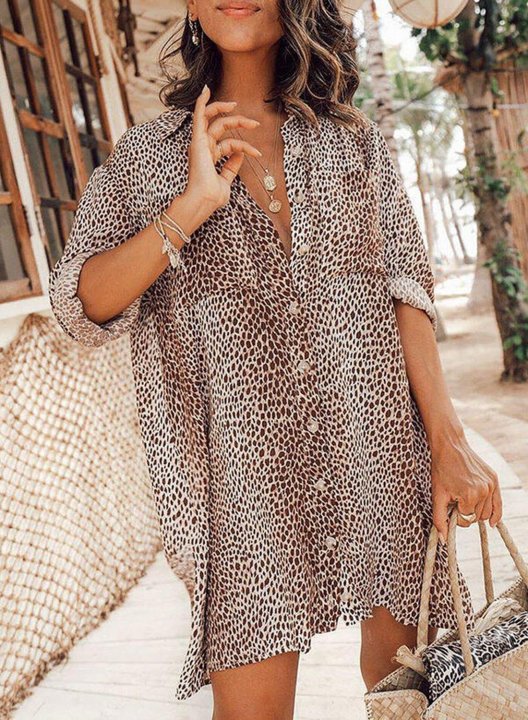 Women's Maxi Dresses Button Fit & Flare Leopard Long Sleeve Turn Down Collar Casual Beach Maxi Dress