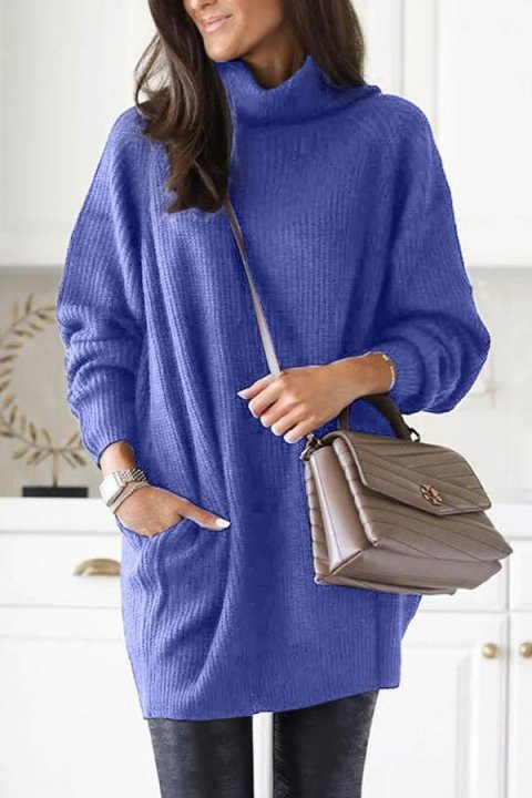 Women's Turtleneck Solid Knitted Ribbed Pockets Casual Sweater