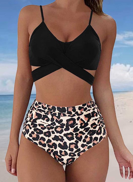 Women's Bikinis Leopard Low Rise Sleeveless V Neck Cut-out Padded Adjustable Wire-free Casual Vacation Beach Bikini Suit