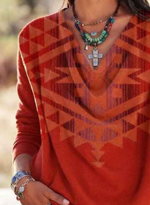 Women's Pullovers Color Block Tribal Letter Long Sleeve V Neck Tunic Pullover