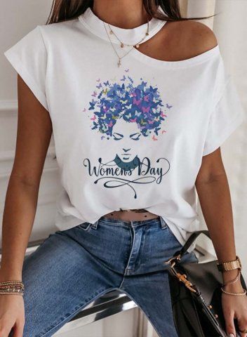 Women's T-shirts Portrait Letter Print Short Sleeve Cold Shoulder Daily T-shirt