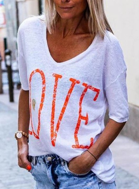 Women's T-shirts Letter Love Print Solid V Neck Short Sleeve Daily Casual T-shirts