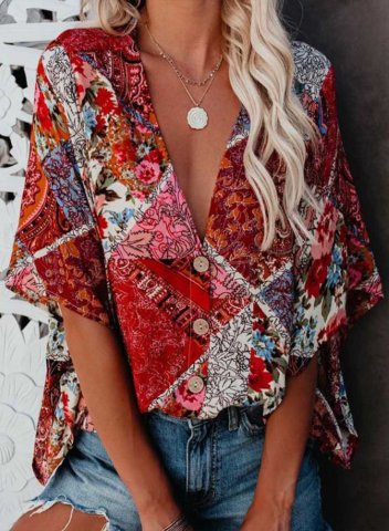 Women's Blouses Color Block Tropical Half Sleeve V Neck Daily Blouse