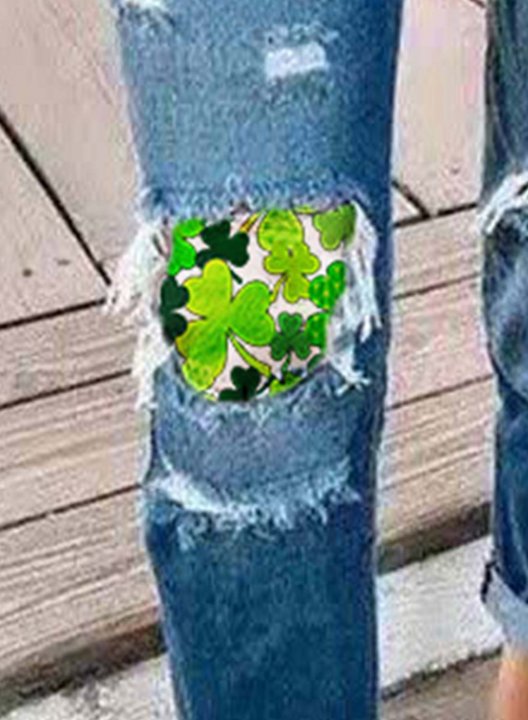 Women's Jeans Slim St Patrick's Day Shamrock Print Color Block Mid Waist Daily Casual Cut-out Jeans